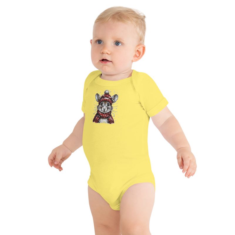 Embroidered Baby Short Sleeve One Piece, Mouse wearing red winter hat and scarf in the snow, xg8dl3