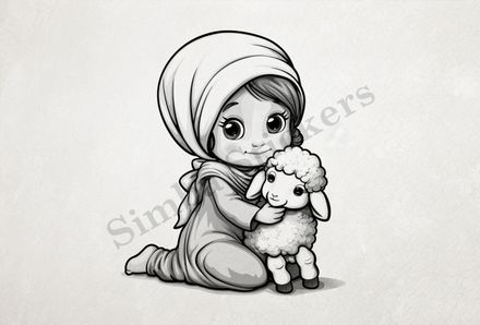 Lamb hugged by small Mediterranean girl in a veil, outline art