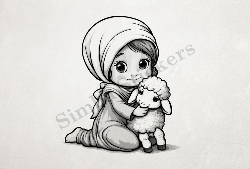 Lamb hugged by small Mediterranean girl in a veil, outline art