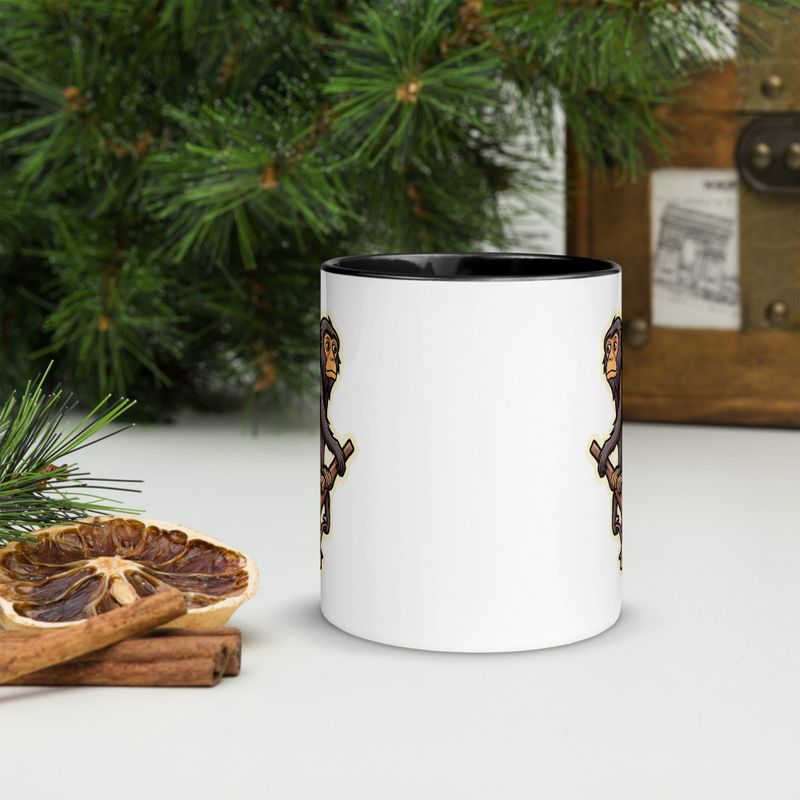 White Ceramic Mug with Color Inside, 11oz &amp; 15oz, Baboon on a tree, looking sad, head-to-head