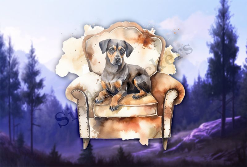 Dog sitting in armchair, watercolour