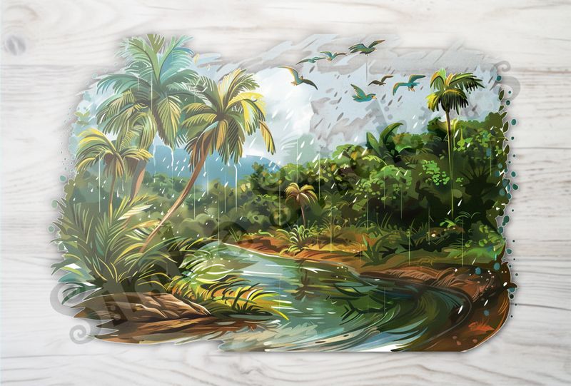 Equatorial Rainforest under the rain, with flowing river