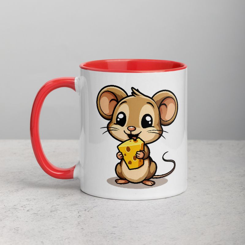 White Ceramic Mug with Color Inside,11&amp;15oz,Small Mouse happily licking large chunk of cheese,pqapy6