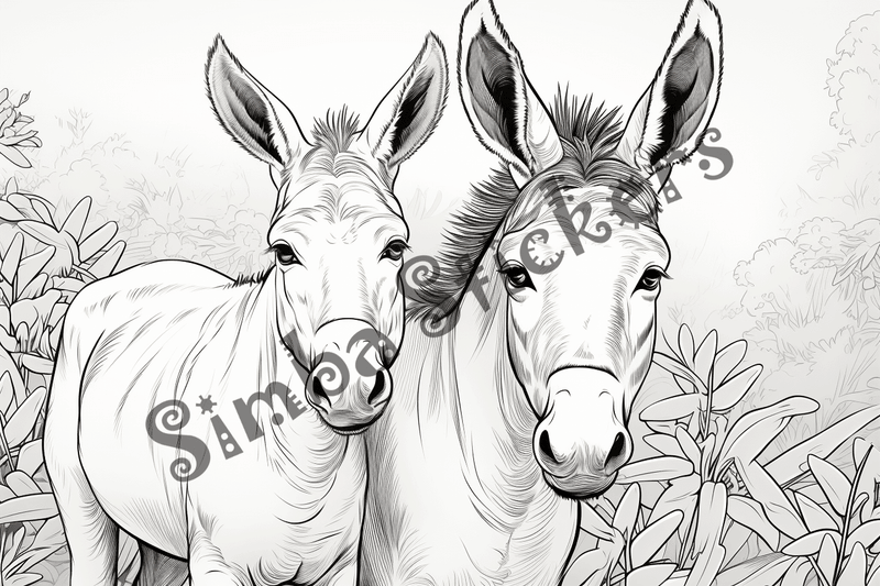 Colouring pages, bundle of donkeys with children, 25 images 2