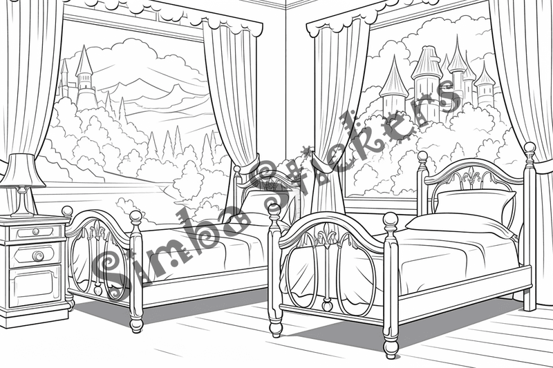Colouring pages, bundle of house bedrooms, complex, 10 images