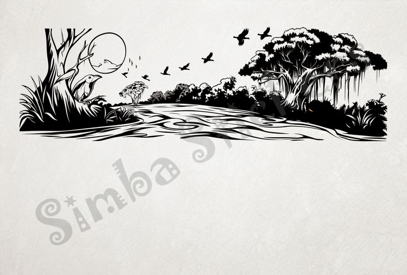 Equatorial Rainforest landscape, bird watching birds flying, outline art