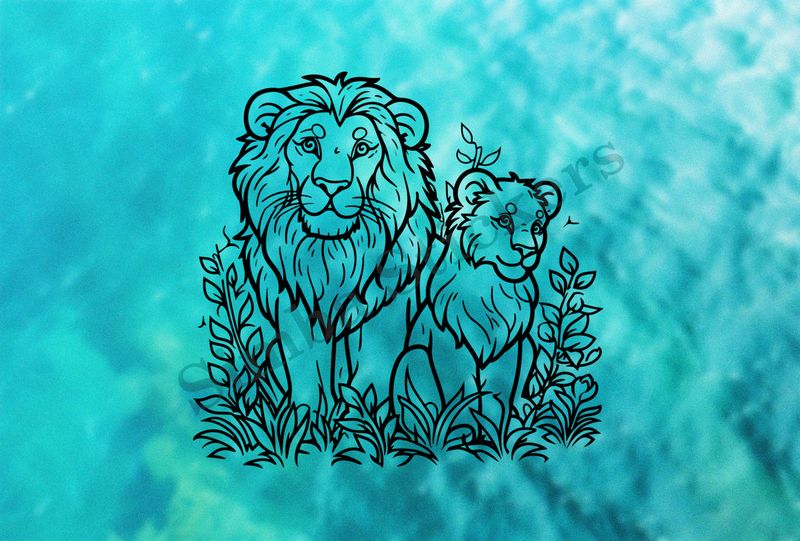 Lion and lioness in the green, outline art