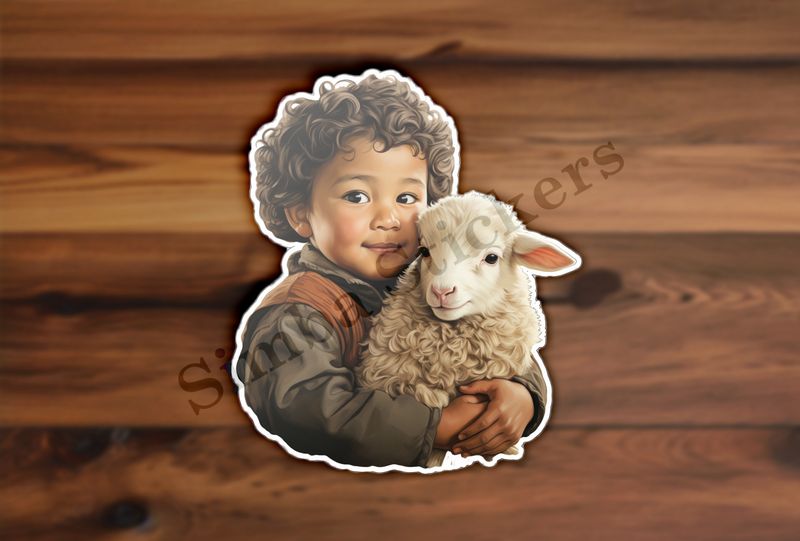 Lamb hugged by small boy of Asian origin, vintage