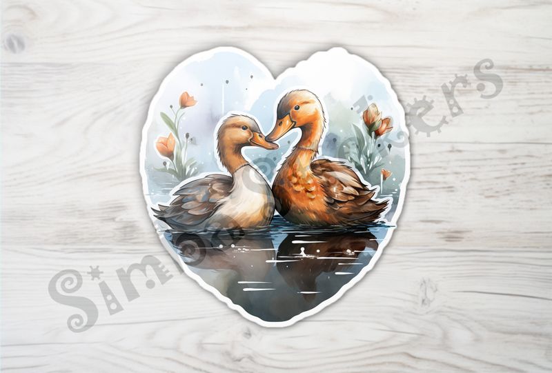 Ducks beak-to-beak in love in flowery pond