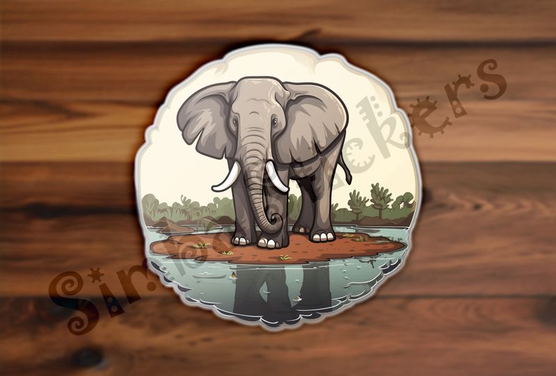 Elephant on dry ground in middle of pond
