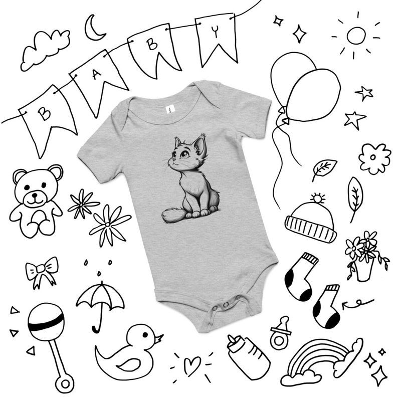 Baby Short Sleeve One Piece, 3-24 Months, Cat kitten sitting up, looking cute, mirrored