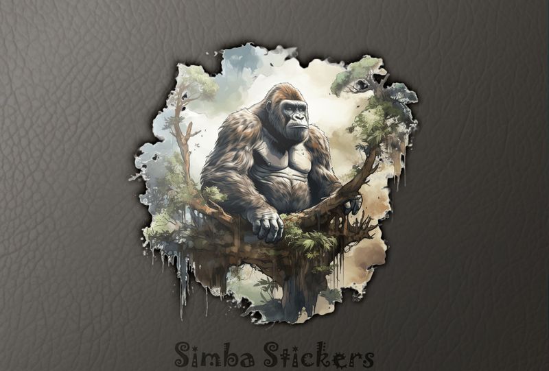 Gorilla thoughtfully sitting on a branch in a high tree, dx7sp5