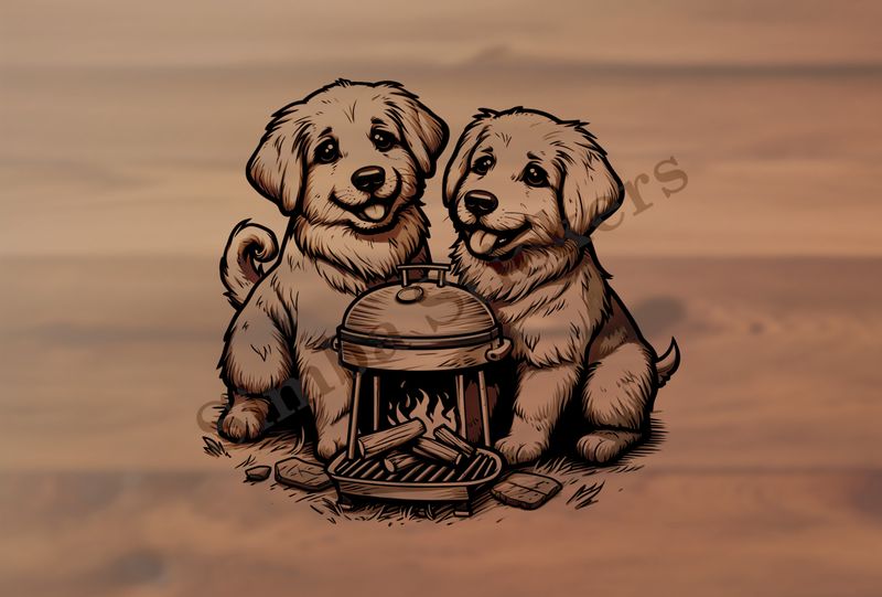 Dogs cuddling by a charcoal grill, outline art, dn8if9