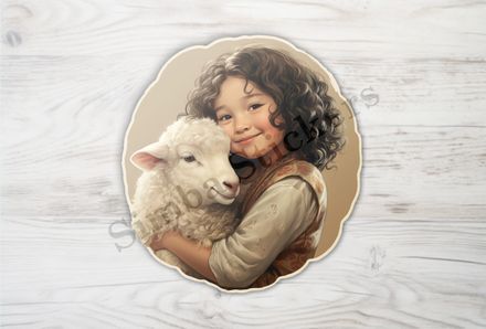 Sheep hugged by smiling girl of Asian origin, vintage