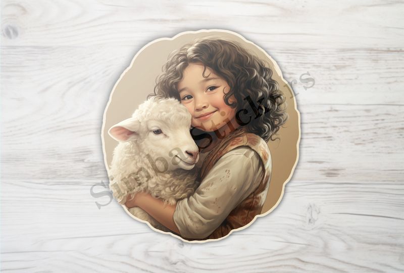 Sheep hugged by smiling girl of Asian origin, vintage