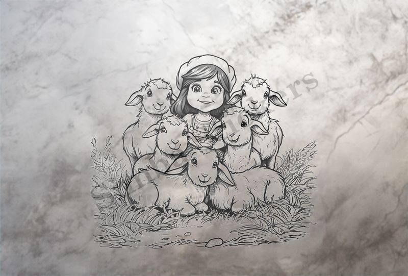 Small girl in small flock of goat kids, outline art