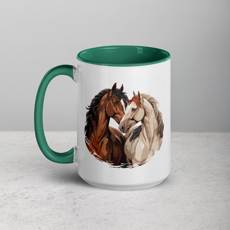 White Ceramic Mug with Color Inside, 11&amp;15oz, Horses nose-to-nose, jbgjpy