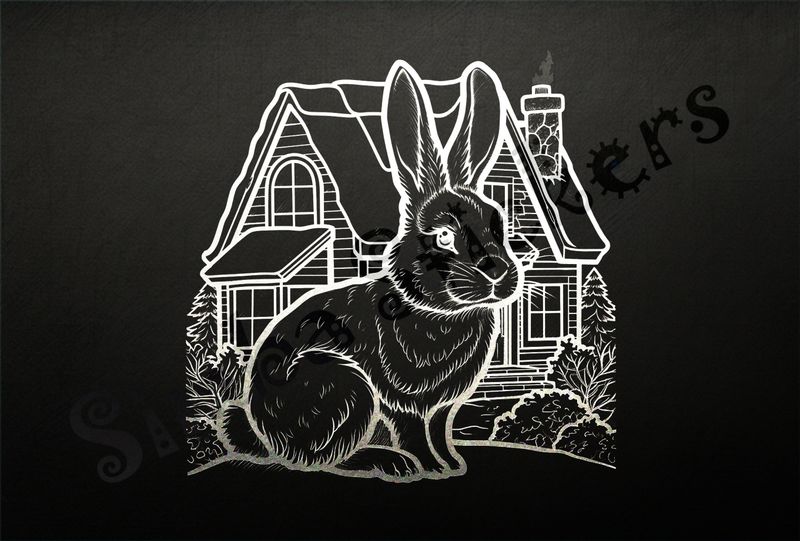 Hare outside a home, outline art