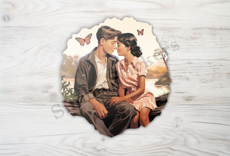 Young man and woman holding hands sitting on a log, vintage