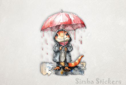 Lizard holding umbrella in the rain, watercolour
