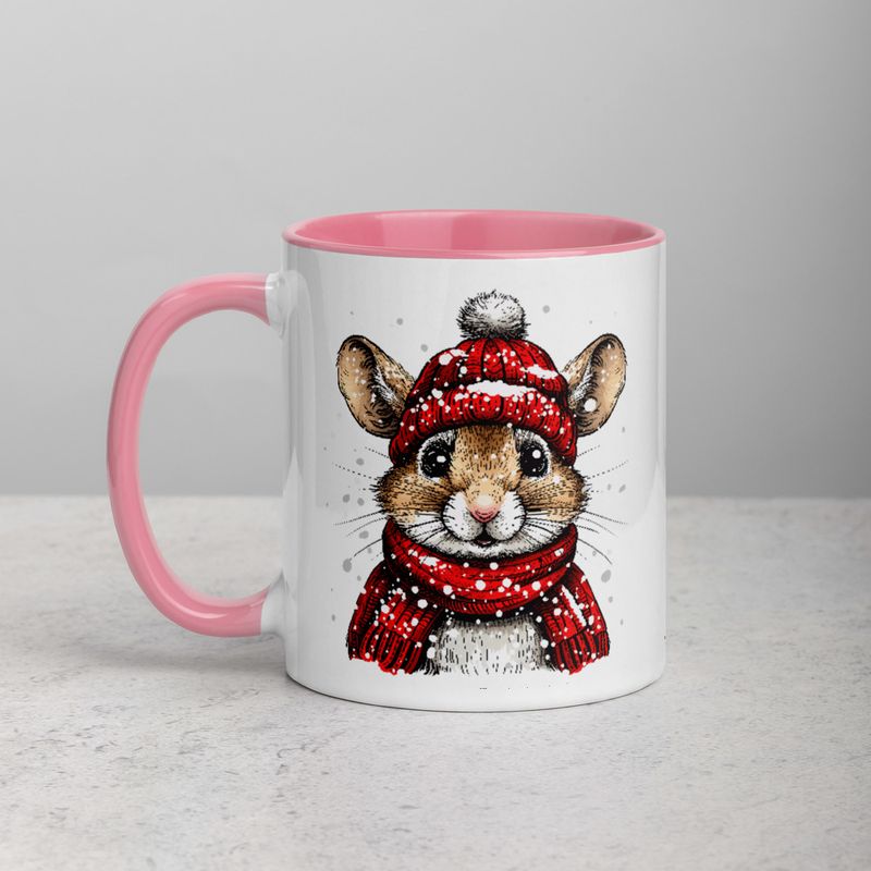 White Ceramic Mug with Color Inside, 11&amp;15oz, Mouse wearing red winter hat and scarf in snow, xg8dl3
