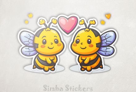 Bees in love looking shy, Valentine&#x27;s heart above