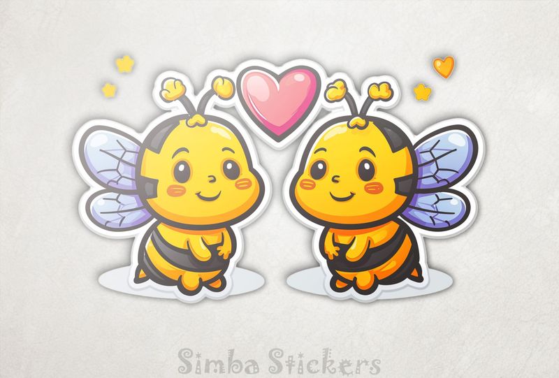 Bees in love looking shy, Valentine&#x27;s heart above