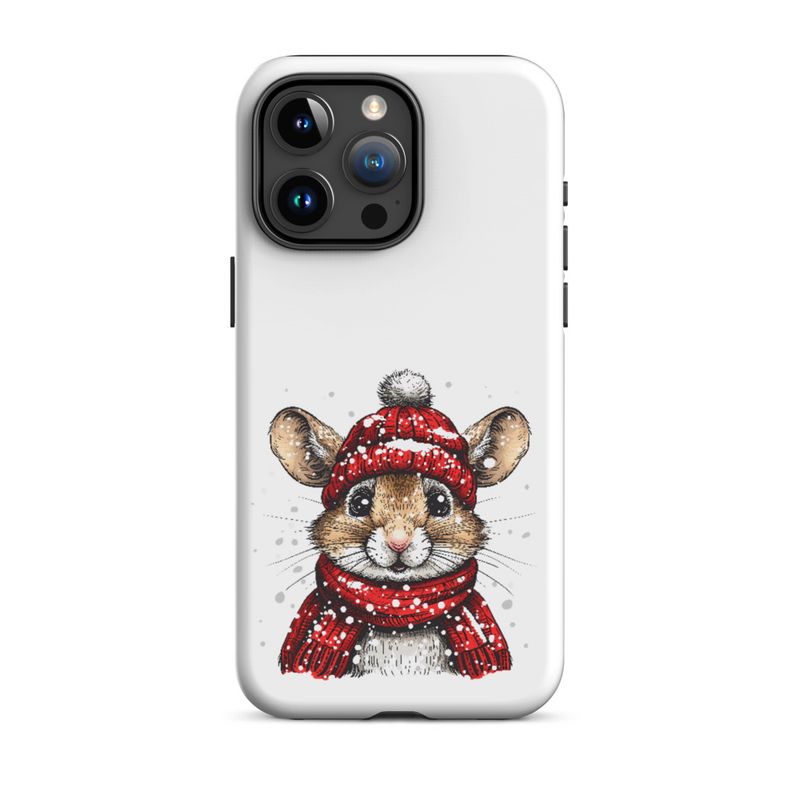 Tough Case for iPhone, Mouse wearing red winter hat and scarf in the snow, xg8dl3