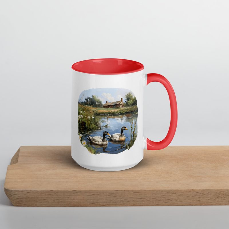 White Ceramic Mug with Color Inside, 11 &amp;15oz, Ducks in love swimming in farmhouse pond 