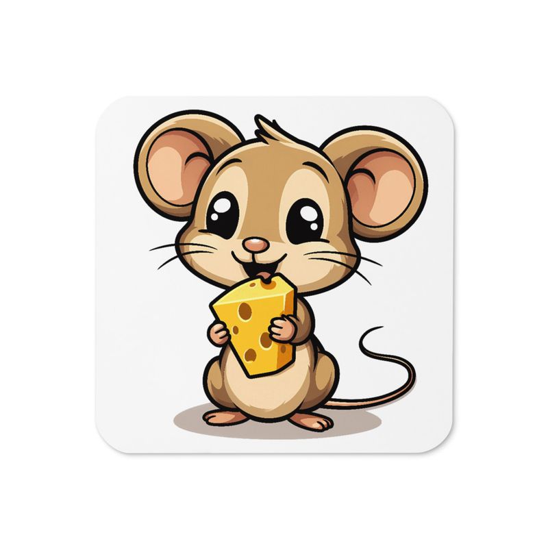 Cork-Back Coaster, Small Mouse happily licking large chunk of cheese, pqapy6