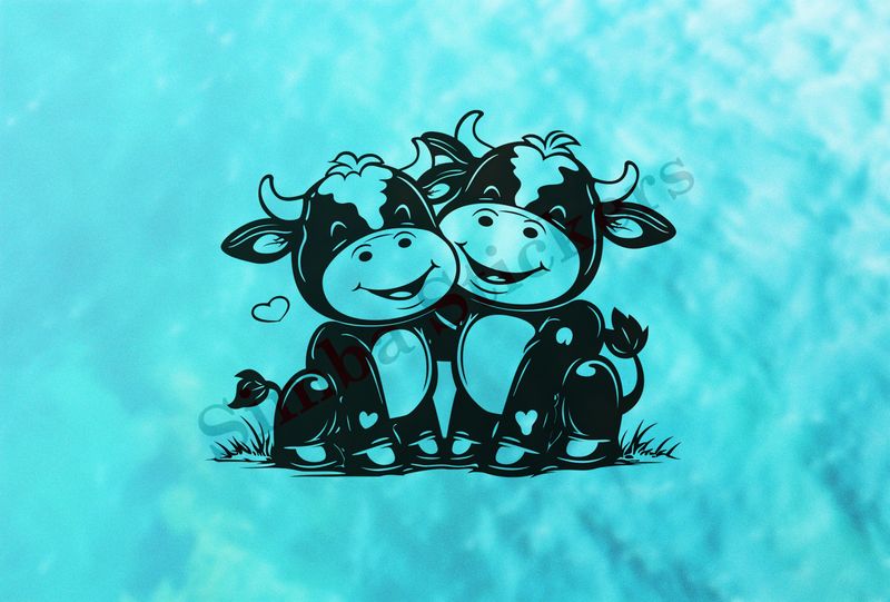 Bull and cow cheek-to-cheek, outline art