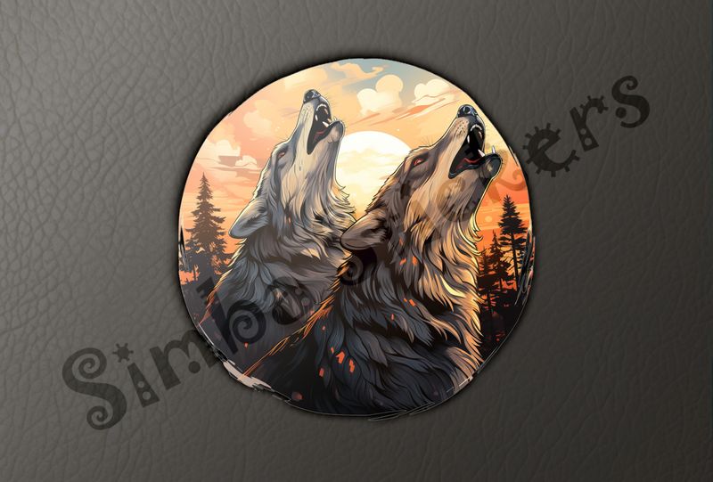 Wolves howling at the moon under dramatic sky