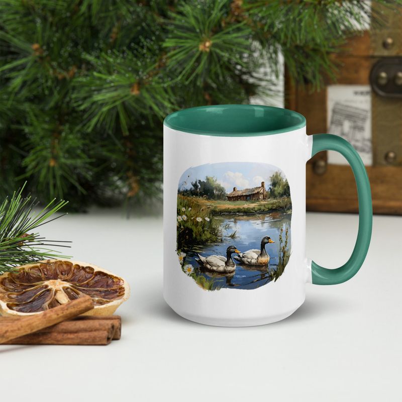 White Ceramic Mug with Color Inside, 11 &amp;15oz, Ducks in love swimming in farmhouse pond 