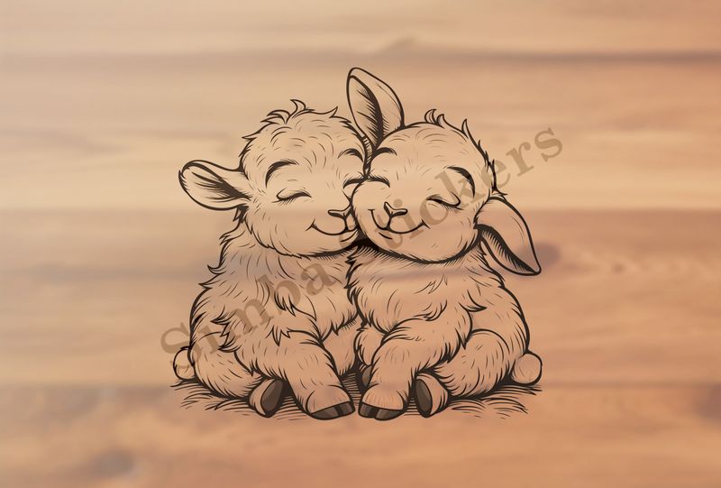 Goat kids in love cheek-to-cheek, outline art
