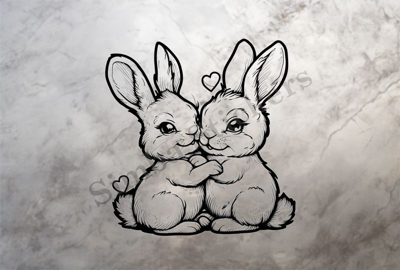 Rabbits in love, cheek-to-cheek,  outline art