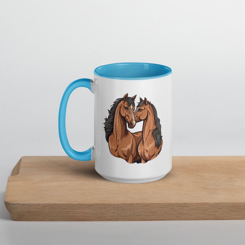 White Ceramic Mug with Color Inside, 11&amp;15oz, Two brown horses snuggling, tdwcyd