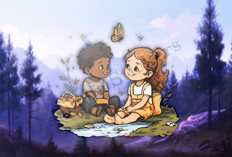 Boy and girl with a picnic basket by a pond, butterfly in the air