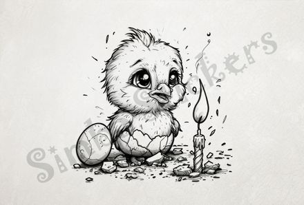 Chick singing by birthday candle, beside small egg, outline art