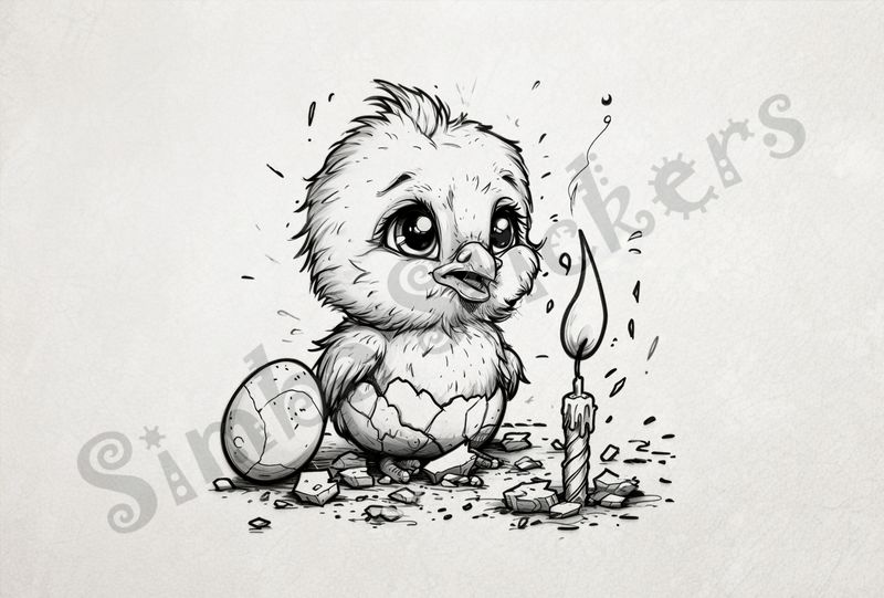 Chick singing by birthday candle, beside small egg, outline art