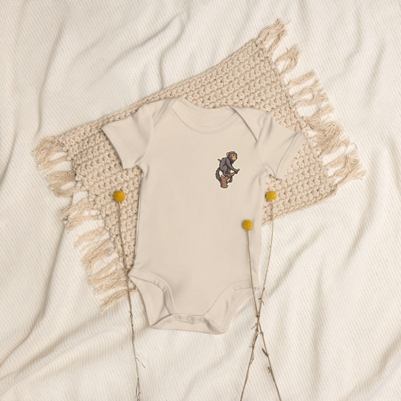 Organic Cotton Baby Bodysuit, 3-18 months, Baboon on a tree, looking sad, left chest