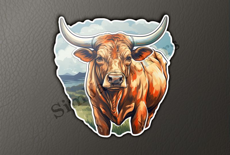 Bull grazing, cloudy blue background
