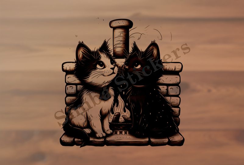 Cats, one in glasses, by the fireplace, outline art