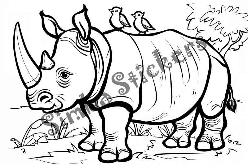 Colouring pages, bundle of rhinos with birds on back, 10 images