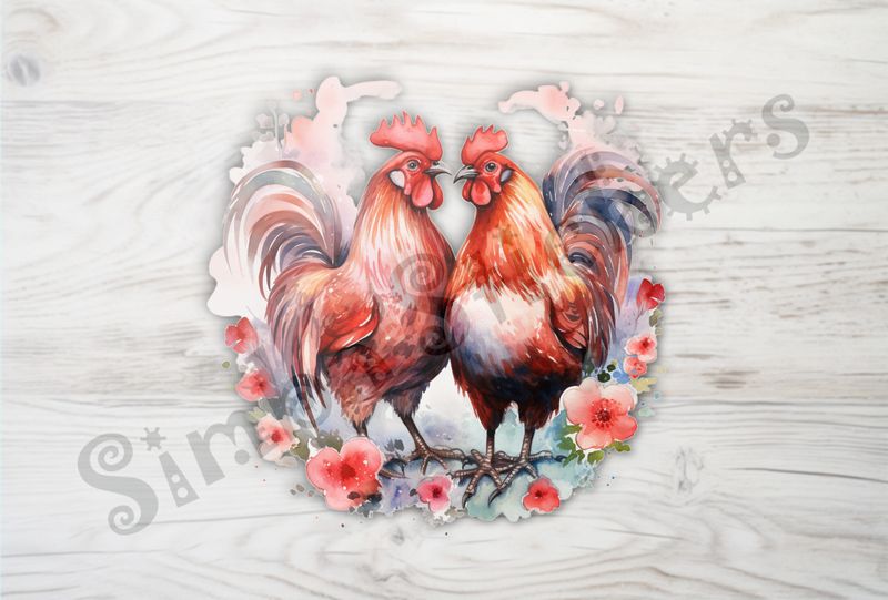 Rooster and hen chicken in love, flowers all around, watercolour