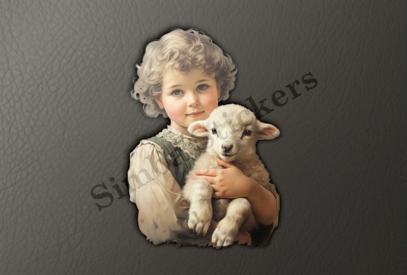 Cute lamb in the arms of a small boy, vintage