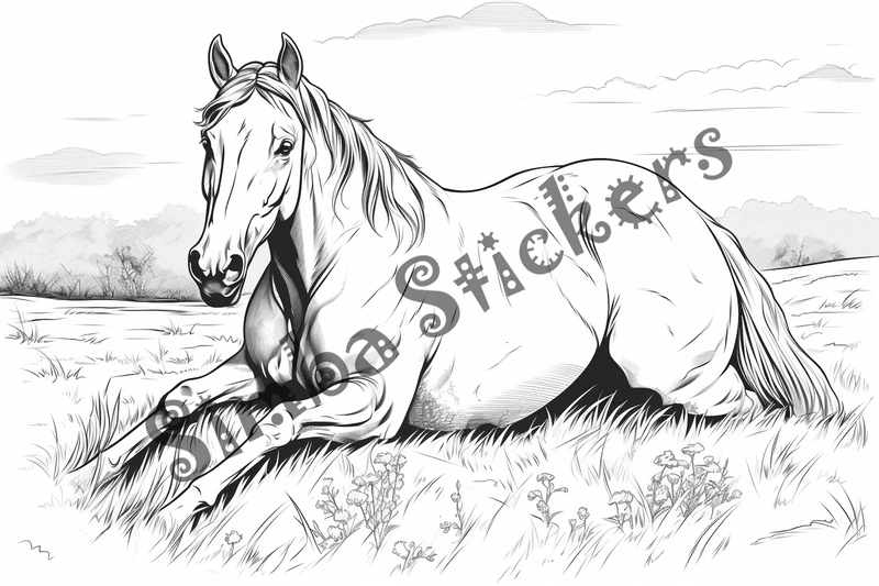 Colouring pages, bundle of horses on stomach, 10 images