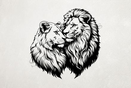 Majestic lion with lioness cuddling nose-to-nose ,  outline art