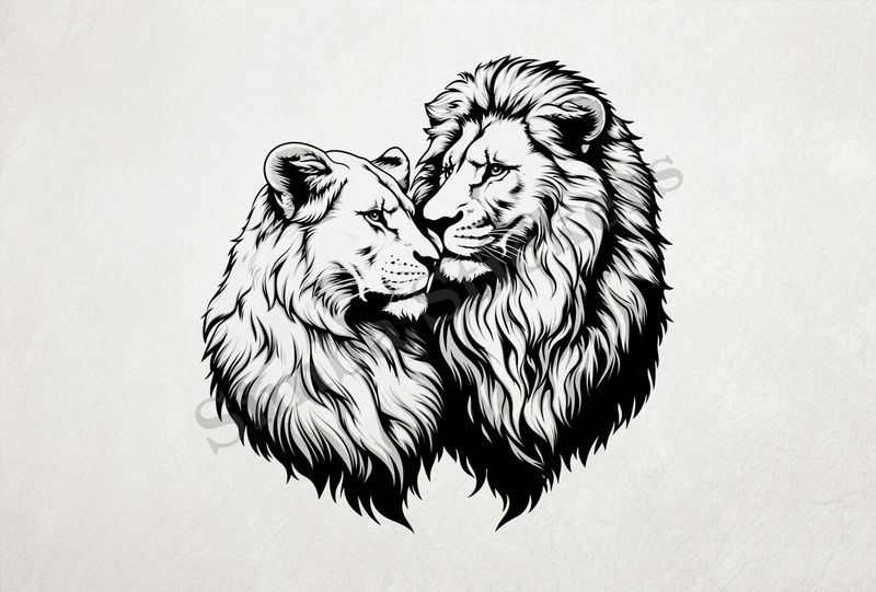 Majestic lion with lioness cuddling nose-to-nose ,  outline art