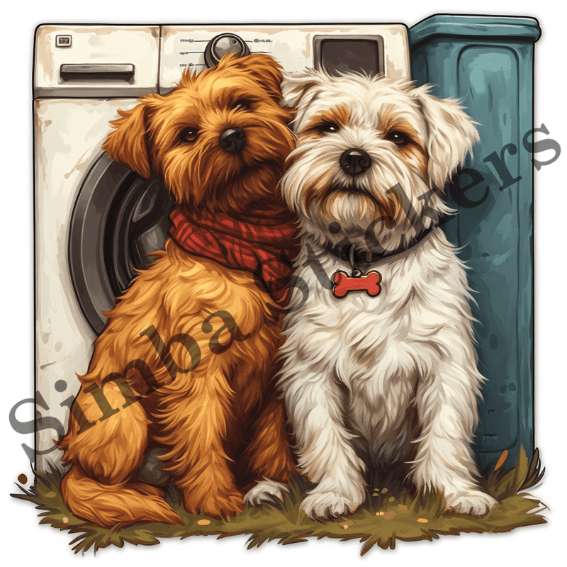 Dogs cuddling by washing machine, image set, 10 images