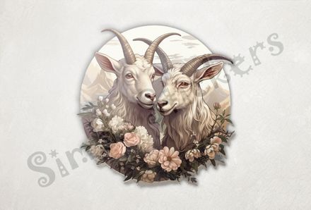 White goats nose-to-nose in love, over wreath of flowers